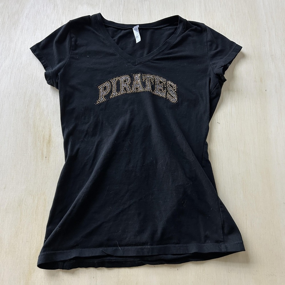 Y2K Pittsburgh Pirates Shirt Womens XL Black V Neck MLB Baseball Rhinestone Top